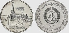 5 mark (500th Anniversary of the Birth of Thomas Müntzer-Mary's Church in Mühlhausen) from Germany-Democratic Republic