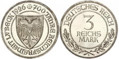 3 reichsmark (700 Years of Freedom for Lübeck) from Germany-Rep. Weimar