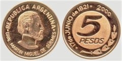 5 pesos (180th Anniversary of the Death of General Güemes) from Argentina