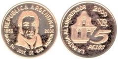 5 pesos (150 Aniversario de la Muerte del General San Martín) from Argentina