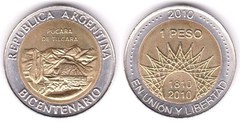 1 peso (Bicentennial of the May Revolution-Pucará of Tilcara) from Argentina