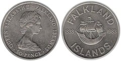 50 pence (150 Aniversario del dominio británico) from Falkland Islands