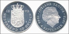 10 florines (25th Anniversary of Queen Juliana's reign.) from Netherlands 