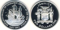 10 dollars (500th Anniversary of the Discovery of the New World) from Jamaica