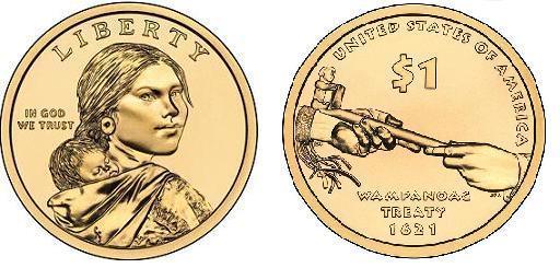 Photo of 1 dollar (Sacagawea Dollar - Native American Dollar - Wampanoag Treaty 1621)