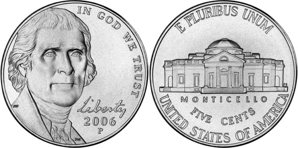 Photo of 5 cents (Jefferson Nickel) Thomas Jefferson - Monticello